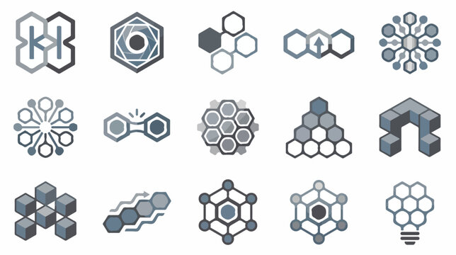 Set of modern hexagonal and honeycomb technology logo icons.