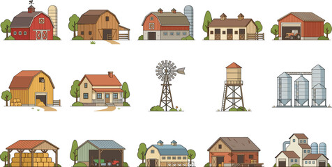 Rustic farm buildings collection, countryside agriculture structure icon set, rural barn and silo vector illustration, isolated white background © Vexora Studio