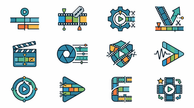 Set of modern video editing and production line art icons.