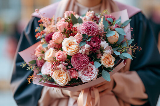 Graduation Flower Bouquet with Roses Dahlias and Romantic Garden Flowers Presented as Thoughtful Graduation Celebration Gift