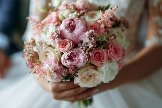Bridal Bouquet with Pink Peonies Cream Roses and Soft Wedding Flowers for Elegant Romantic Bridal Portraits and Ceremonies