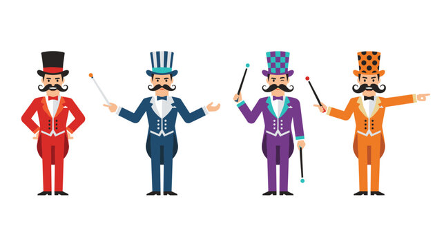 Four professional circus ringmasters in different colorful costumes holding batons against a white background.