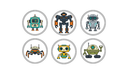 Fototapeta premium Collection of six cute and diverse cartoon robot icons presented inside circular badges on a clean white background.