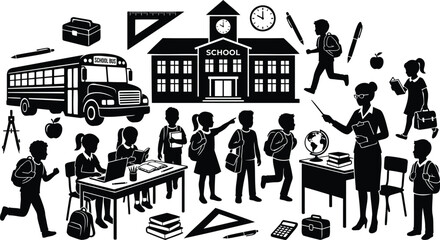Back to school silhouette collection students teachers school bus and classroom elements isolated on transparent background © Shanta Akter Ahk
