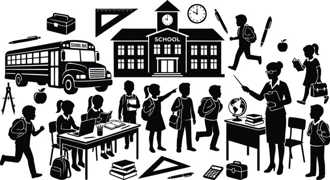 Back to school silhouette collection students teachers school bus and classroom elements isolated on transparent background