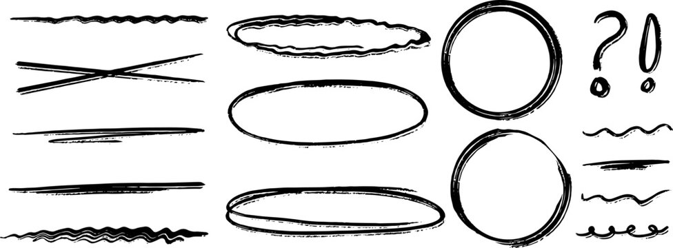 Hand Drawn Brush Underlines Vector Isolated Set, Grunge Ink Doodle Circles Ovals Pack For Text Highlight, Imperfect Black Marker Wavy Cross Graphic Element