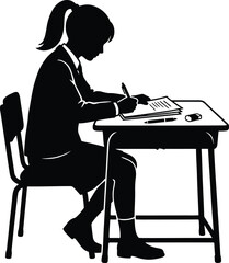 Fototapeta premium Back to school silhouette student girl studying at desk black cutout design isolated on transparent background