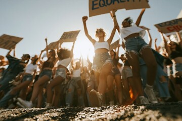 Fototapeta premium Large group of young people holding equality signs during a demonstration for human rights awareness, civil equality campaigns and social justice advertising