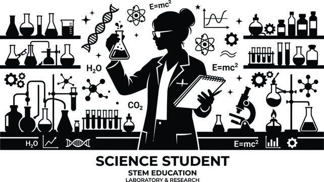 Back to school science silhouette student with laboratory equipment stem education concept isolated on transparent background