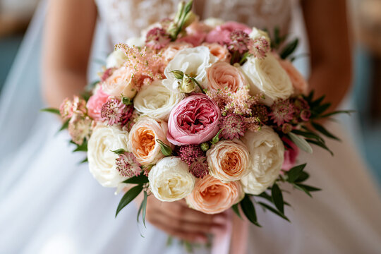 Bridal Bouquet with White Roses Pink Garden Roses and Elegant Pastel Flowers for Sophisticated Wedding Ceremony Style