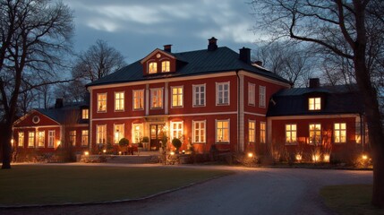 Obraz premium Beautiful historic mansion illuminated at dusk surrounded by trees and gardens, evoking a sense of charm and tranquility, perfect for luxury retreats