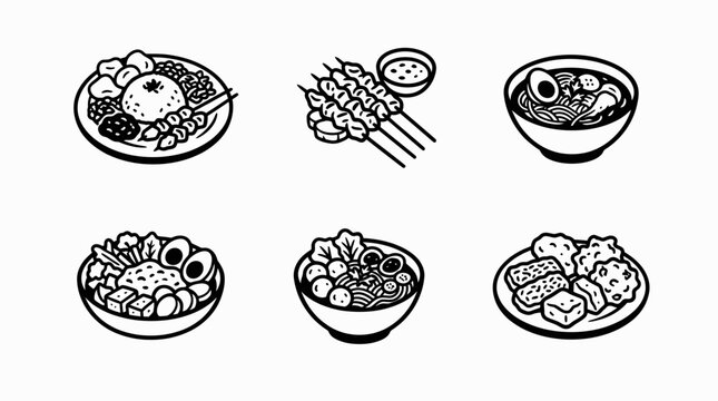 Indonesian Food Icons Set: Satay, Nasi Goreng, Soto, Gado-Gado, Bakso, Gorengan