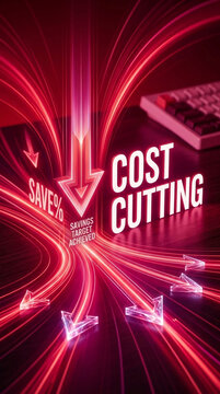 3D rendered image showing a downward arrow with "SAVE%" and "SAVINGS TARGET ACHIEVED" text, symbolizing cost reduction and financial success against a vibrant red background.