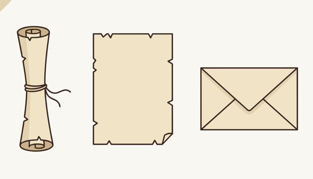 Collection of medieval-style stationery items including a rolled scroll, a blank parchment sheet, and a sealed envelope.
