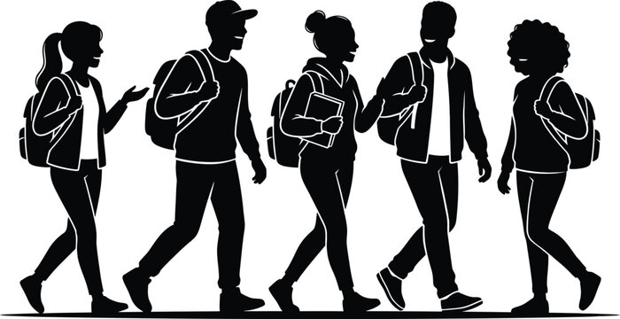 Back to school silhouette diverse group of students walking together isolated on transparent background