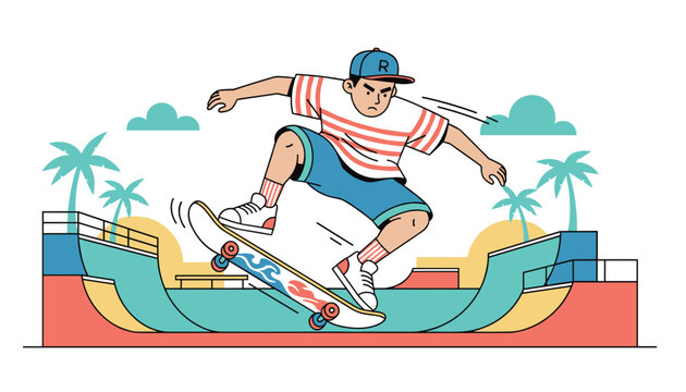 Energetic teenage boy in a cap and shorts performing a jump trick on his skateboard inside a sunny tropical skate park.