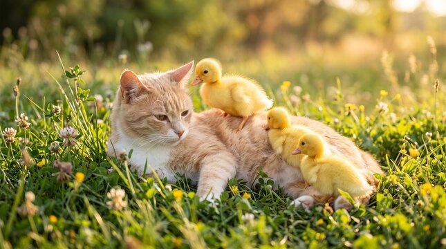 Ginger Tabby Cat Lying in Green Grass Meadow with Cute Fluffy Yellow Ducklings Crawling on Its Back