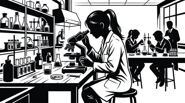Back to school silhouette science classroom with students conducting experiments isolated on transparent background