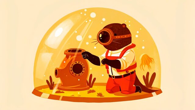 Otter explores underwater world in diving suit with a vintage helmet at a bright ocean floor