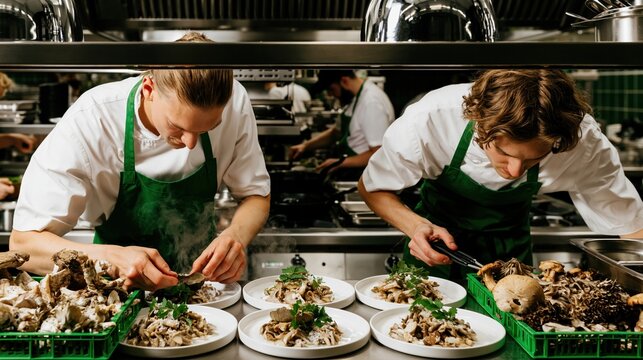 Professional chefs plating a seasonal wild mushroom dish in a busy restaurant kitchen, steam rising from the hot plates for a culinary menu