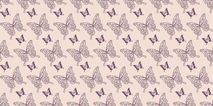 Seamless Butterfly Pattern with Elegant Line Art Wings in Soft Pastel Purple Background
