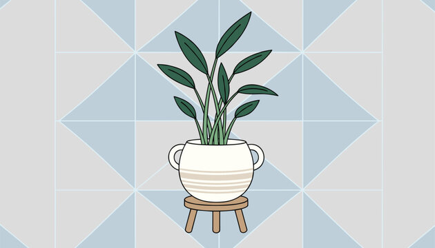 Elegant green houseplant in a decorative white ceramic pot standing on a rustic wooden three-legged stool with a tiled background.