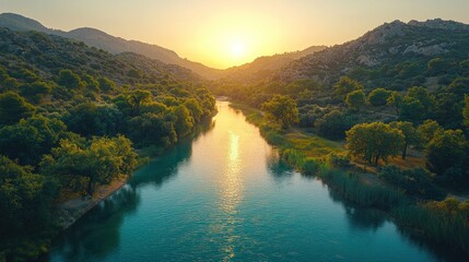 Serene river landscape at sunset. © Slai