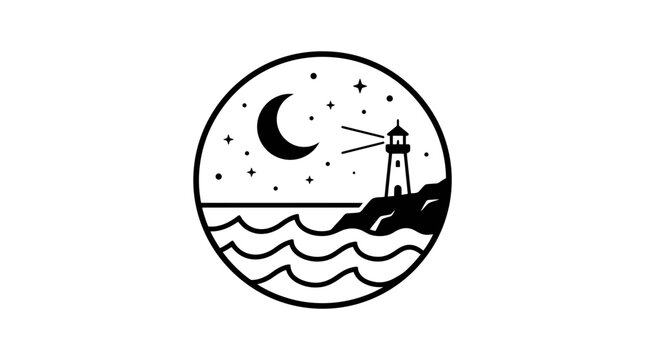 Lighthouse on rocky coast under starry night sky with crescent moon, circle logo