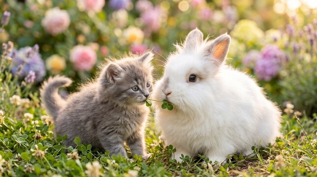 Cute Gray Kitten and Fluffy White Rabbit Interacting on Green Grass with Colorful Spring Flowers Background