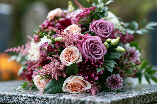 Bouquet of Flowers on a Grave with Purple Roses and Delicate Garden Blooms Remembering Loved Ones with Grace