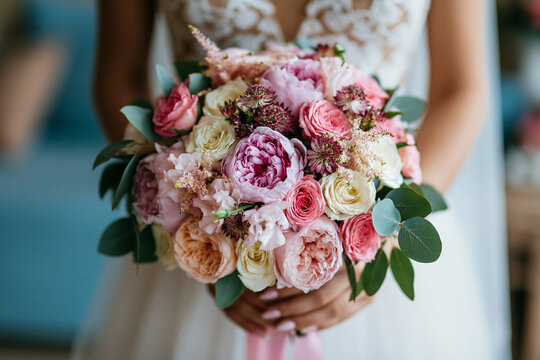 Bridal Bouquet with Romantic Peonies Garden Roses and Soft Pastel Flowers for Elegant Wedding Ceremony and Timeless Romance