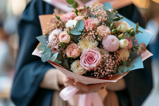 Graduation Flower Bouquet with Soft Pink Roses White Blooms and Eucalyptus for Elegant Graduation Celebration Gift Giving