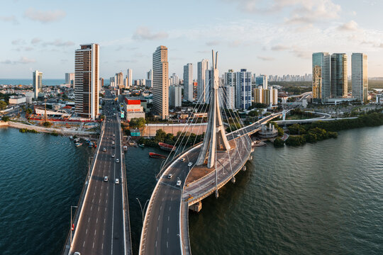Aerial view of the cable-stayed bridge and skyscrapers, Recife, Pernambuco, Brazil