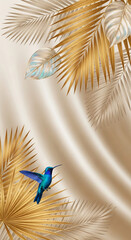 Fototapeta premium A vibrant blue hummingbird hovers amidst golden and muted tropical leaves on a soft, flowing beige background, symbolizing nature's beauty and elegance