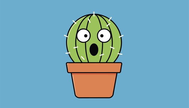 Funny cartoon illustration of a round green cactus with a surprised facial expression sitting in a brown terracotta pot.