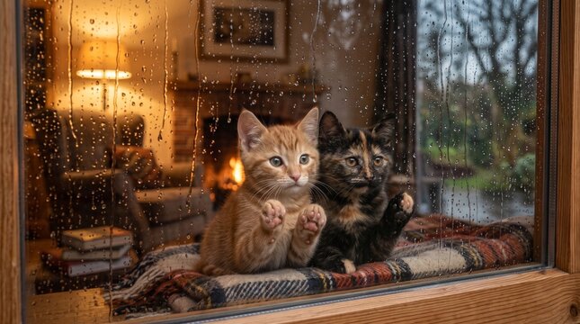 Two cats watching rain through window, cozy home interior with fireplace, warmth and comfort on rainy evening"