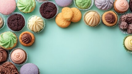 Fototapeta premium Colorful Assortment of Delicious Cupcakes and Cookies on a Mint Green Background Perfect for Celebrations and Sweet Treat Themes