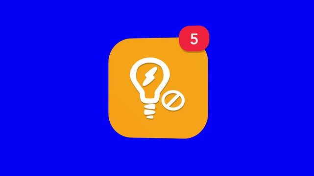 3D classic light bulb with a prohibition cancel slash stroke indicating a power outage blackout notification icon popping up on blue screen.
