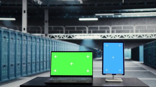 Admin runs equipment checkups in a high-tech data center, supporting equipment checkups, network monitoring, infrastructure upgrades and reliable server infrastructure management.