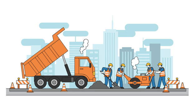Construction crew working on city road repair with dump truck and steam roller during busy day in metropolitan area.