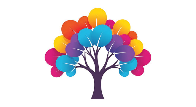 Vibrant abstract of a tree with colorful, overlapping geometric leaves shapes