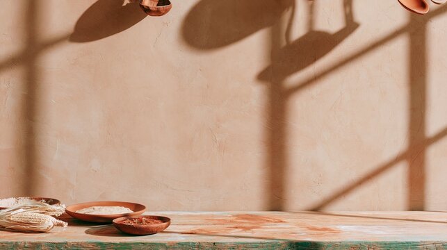 Warm clay plaster wall mockup with corn and salsa bowls on a worn wooden counter for Latin American food messaging and copy space