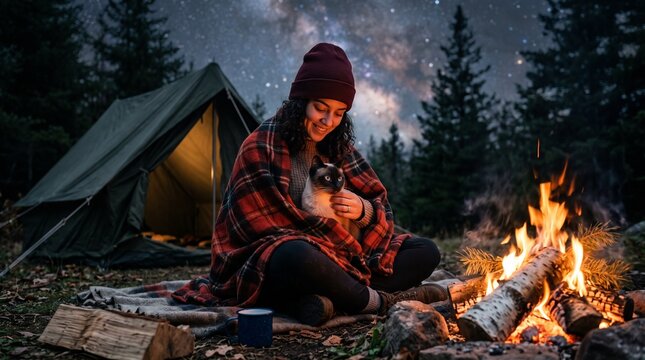 Young woman camping under starry night sky with cat by campfire, cozy outdoor adventure, Milky Way and companionship"