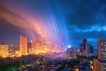 Fototapeta premium Dense metropolitan skyline under a monsoon downpour at twilight with glowing office windows and rain-slicked skyscrapers for urban weather concepts
