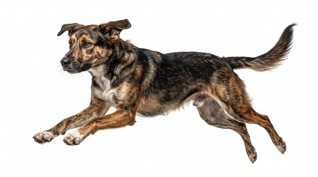 A breathtaking hyper-realistic studio photograph of a mixed breed mutt dog captured mid-run in a dynamic full-body pose