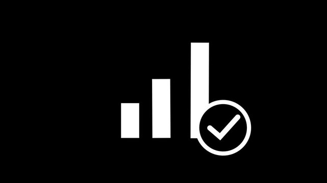 Black bar chart icon with a checkmark symbol isolated on white background
