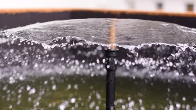 Outdoor water fountains with jets of water in front  office building