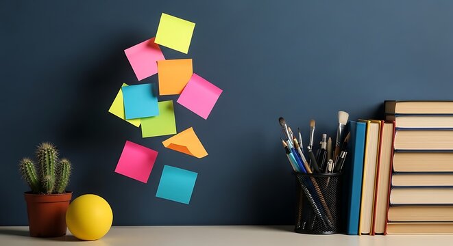 Colorful sticky notes, books, and art supplies on blue desk
