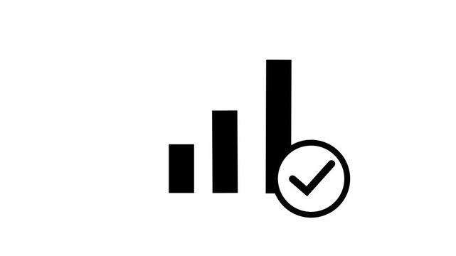 Black bar chart icon with a checkmark symbol isolated on white background