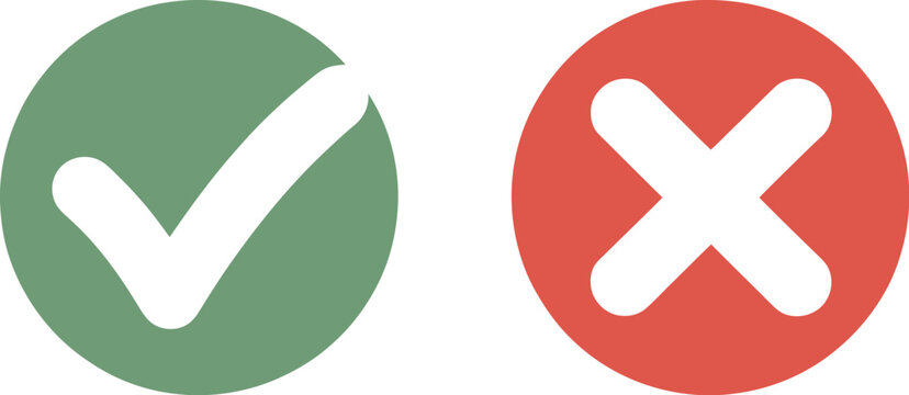 Checkmark, inside circle and red cross inside circle icons for accepted and rejected options, verification, approval, forms and user interfaces.